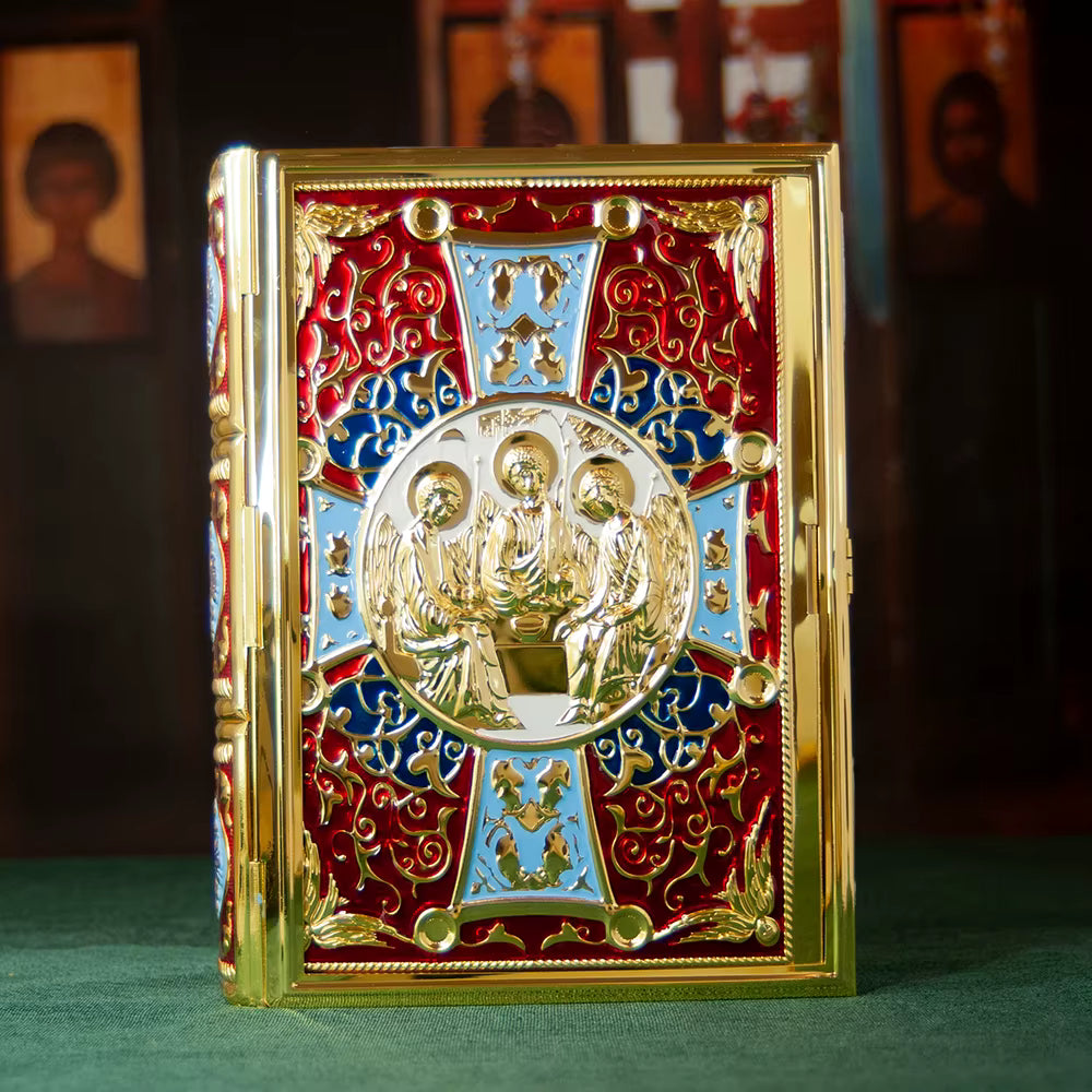 Étui Évangile Orthodoxe Plaqué Or — Icône Trinité en Émail