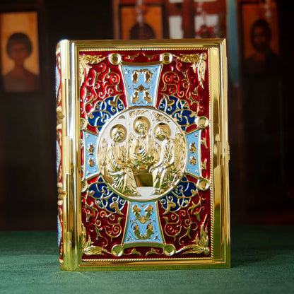 Étui Évangile Orthodoxe Plaqué Or — Icône Trinité en Émail