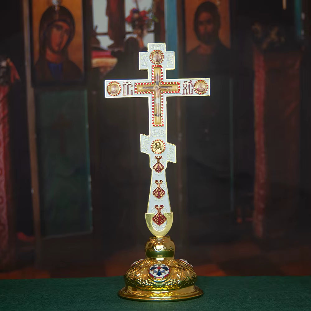 Croix Orthodoxe de Bénédiction Émaillée avec Support