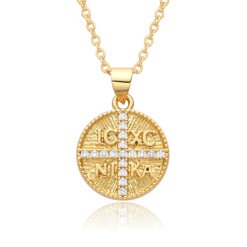 Médaillon "IC XC NIKA" Croix Pavée de Strass, Plaqué Or