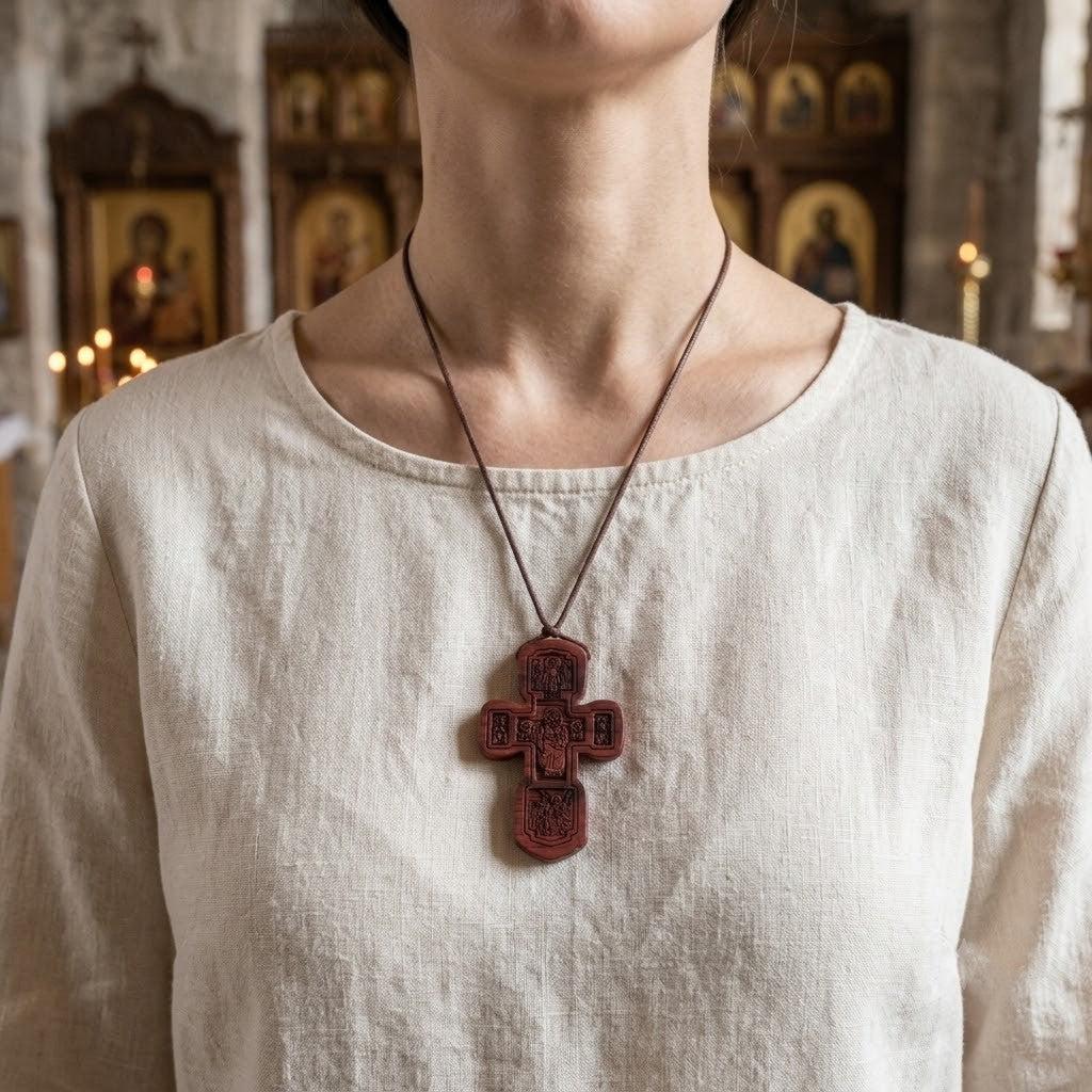 Croix en Bois Orthodoxe — Cordon Cuir Ajustable