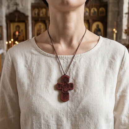 Croix en Bois Orthodoxe — Cordon Cuir Ajustable