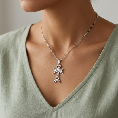 Armenian Cross Necklace, Ornate Openwork Pendant, Silver-Tone