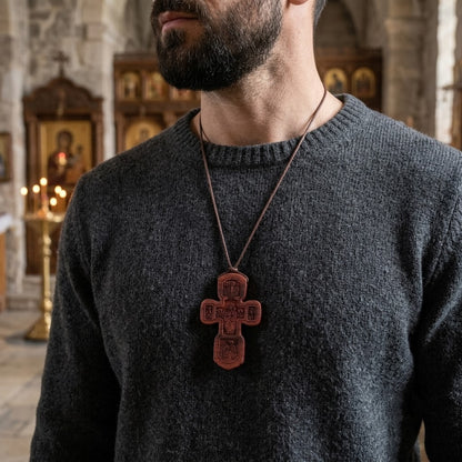 Croix en Bois Orthodoxe — Cordon Cuir Ajustable