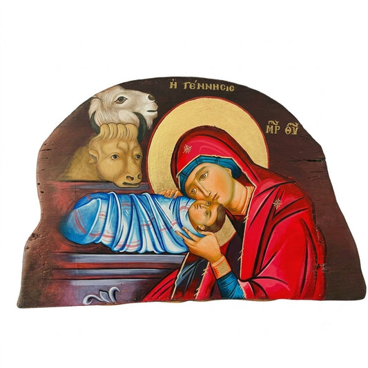 Icône de la Nativité du Christ — Scène Narrative sur Bois Ancien