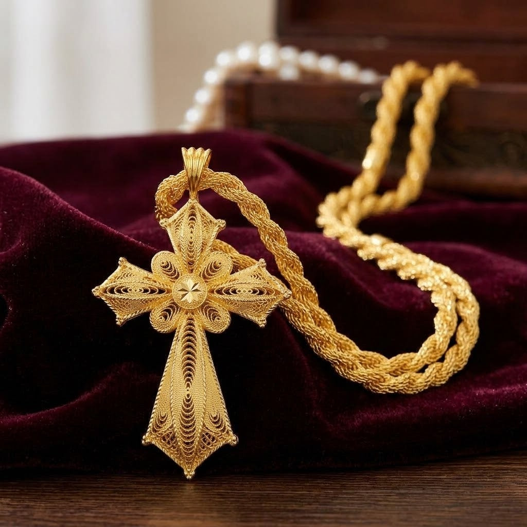 Collier Pendentif Croix Éthiopienne Filigrane — Rosette Dorée