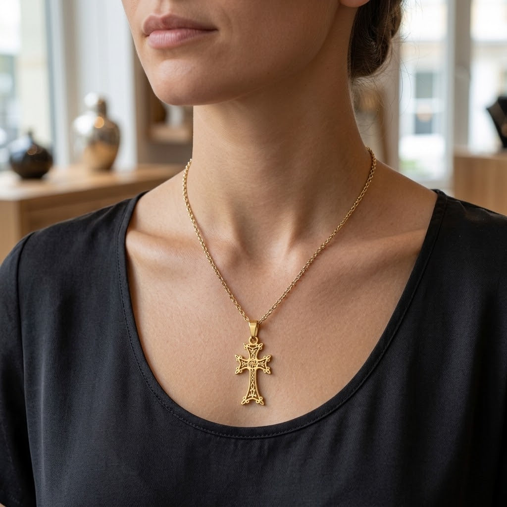 Collana Ciondolo Croce Armena Traforata — Placcato Oro 18K
