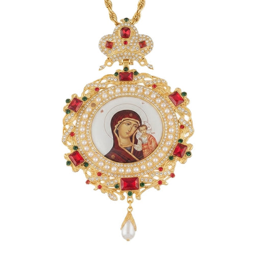 Halskette Anhänger Goldene Panagia — Gottesmutter, Perlen und Rote Steine