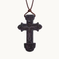 Collier Croix Orthodoxe en Bois Noir avec Gravure INRI
