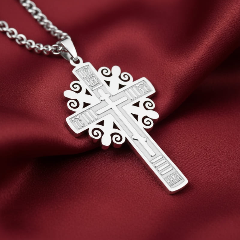 collier croix orthodoxe argentée serbe 50cm pour hommes et femmes sur un tissu rouge