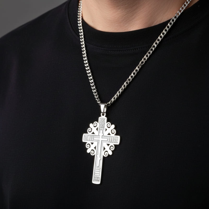 Pendentif croix orthodoxe serbe en argent pour hommes avec inscription IC XC NIKA
