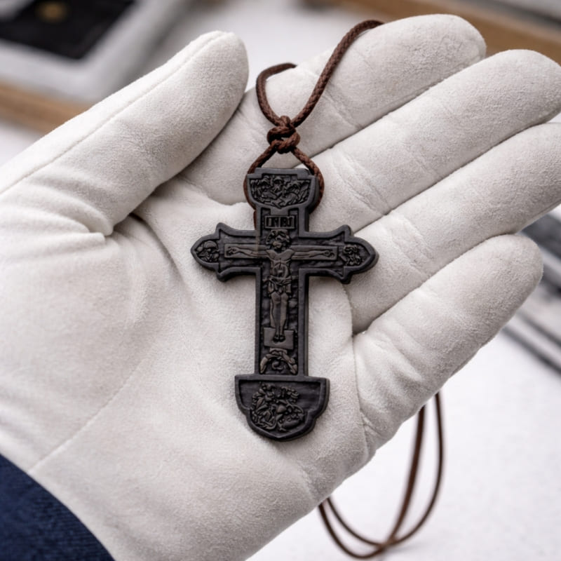 Collier orthodoxe russe en bois noir dans la main d'un artisan bijoutier