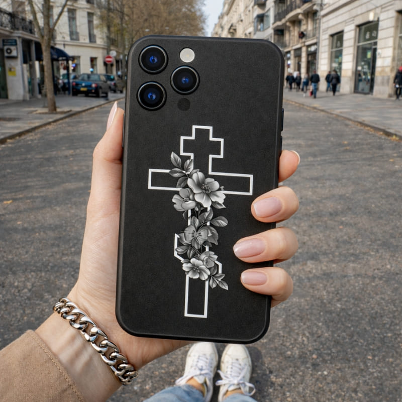 Coque iphone croix orthodoxe en fleurs tenue dans la main d'une file