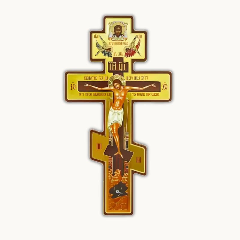 Croix orthodoxe murale en bois byzantine avec Christ crucifié