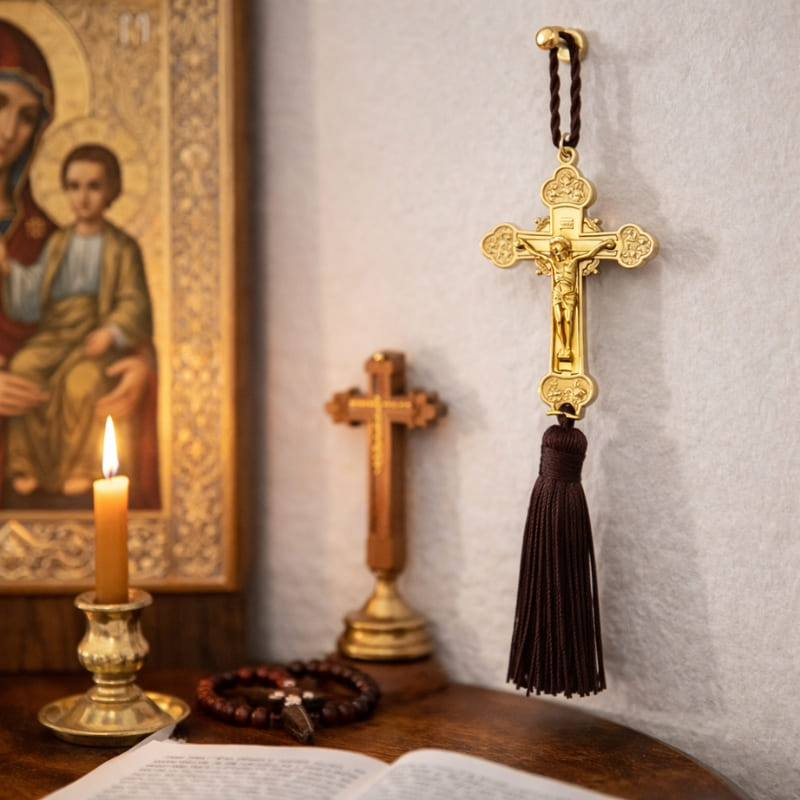 Belle croix orthodoxe pour la maison accrochée dans un coin de prière