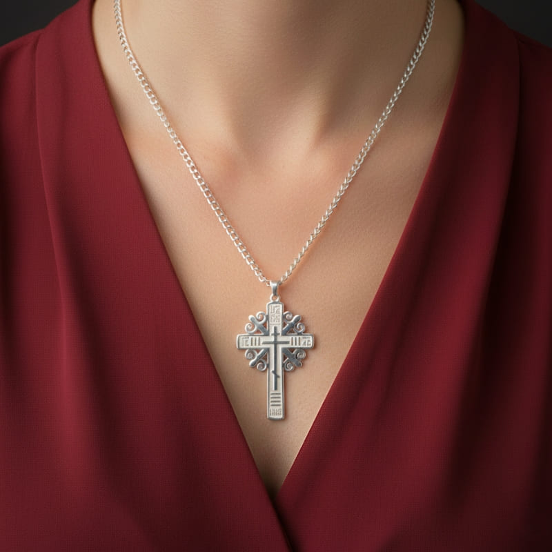 Collier croix orthodoxe serbe argenté porté par une femme 