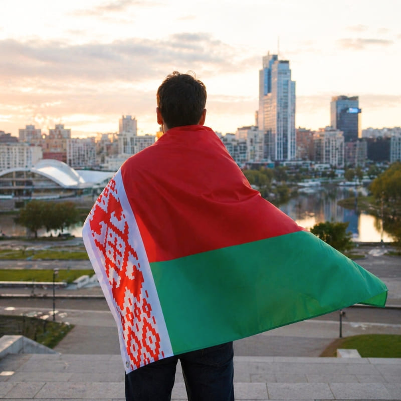 Homme de dos portant un drapeau de la Biélorussie avec la ville de Minsk en fond