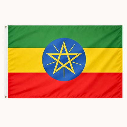 Drapeau de l'Éthiopie en tissu de polyester de 90x150cm avec une étoile au centre.