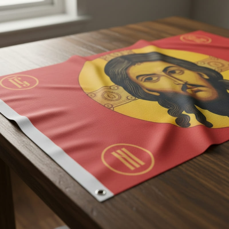 Gros plan sur un drapeau orthodoxe de Jésus de couleur rouge avec inscription grecques