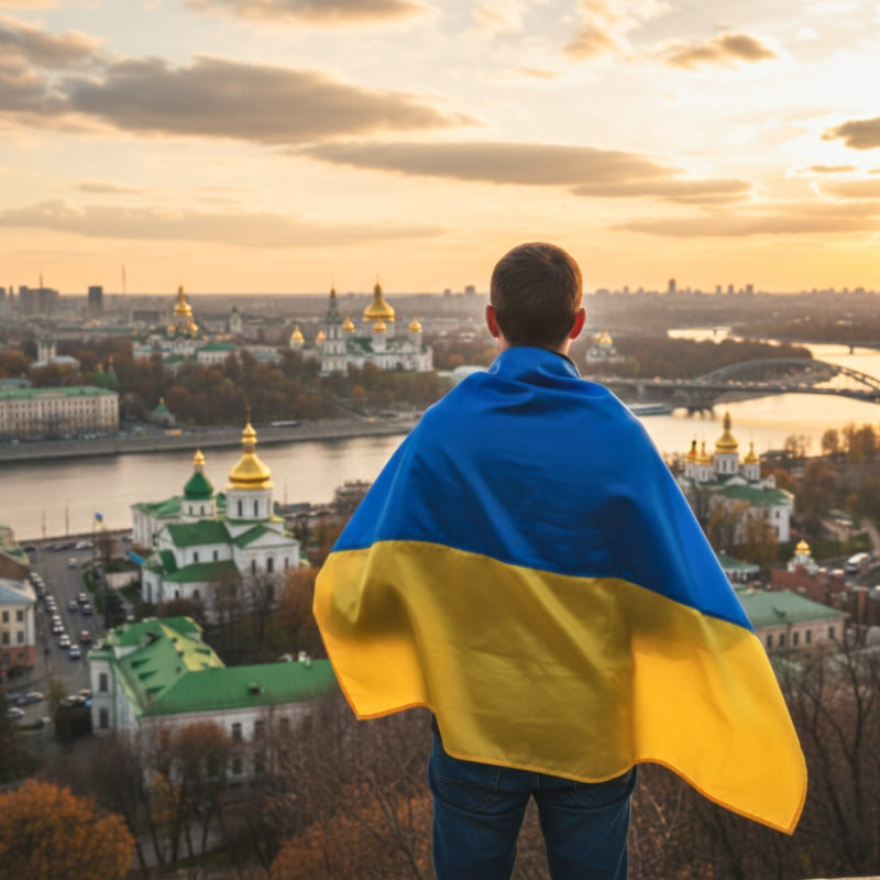 Un homme portant un drapeau de l'Ukraine sur ses épaules devant la ville de Kiev
