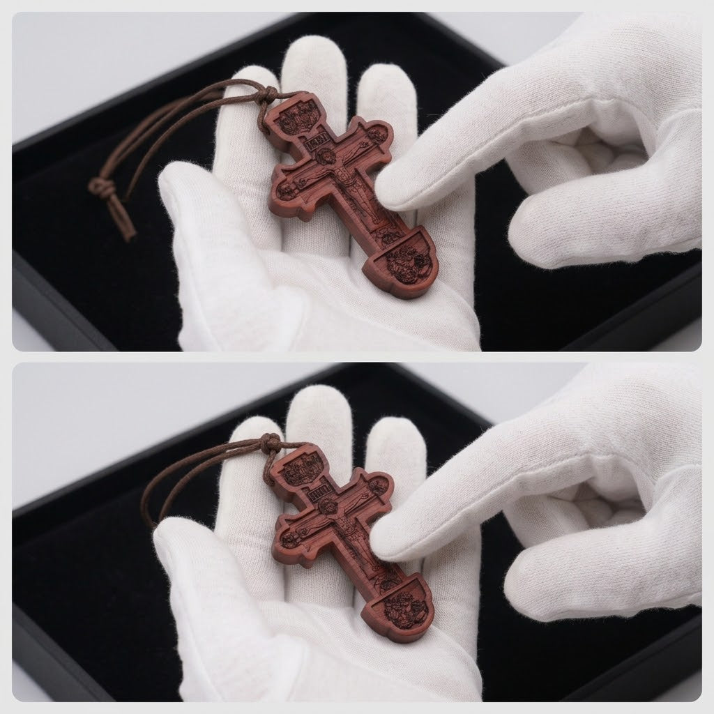 Halskette Orthodoxes Kreuz aus Braunem Holz mit INRI-Gravur