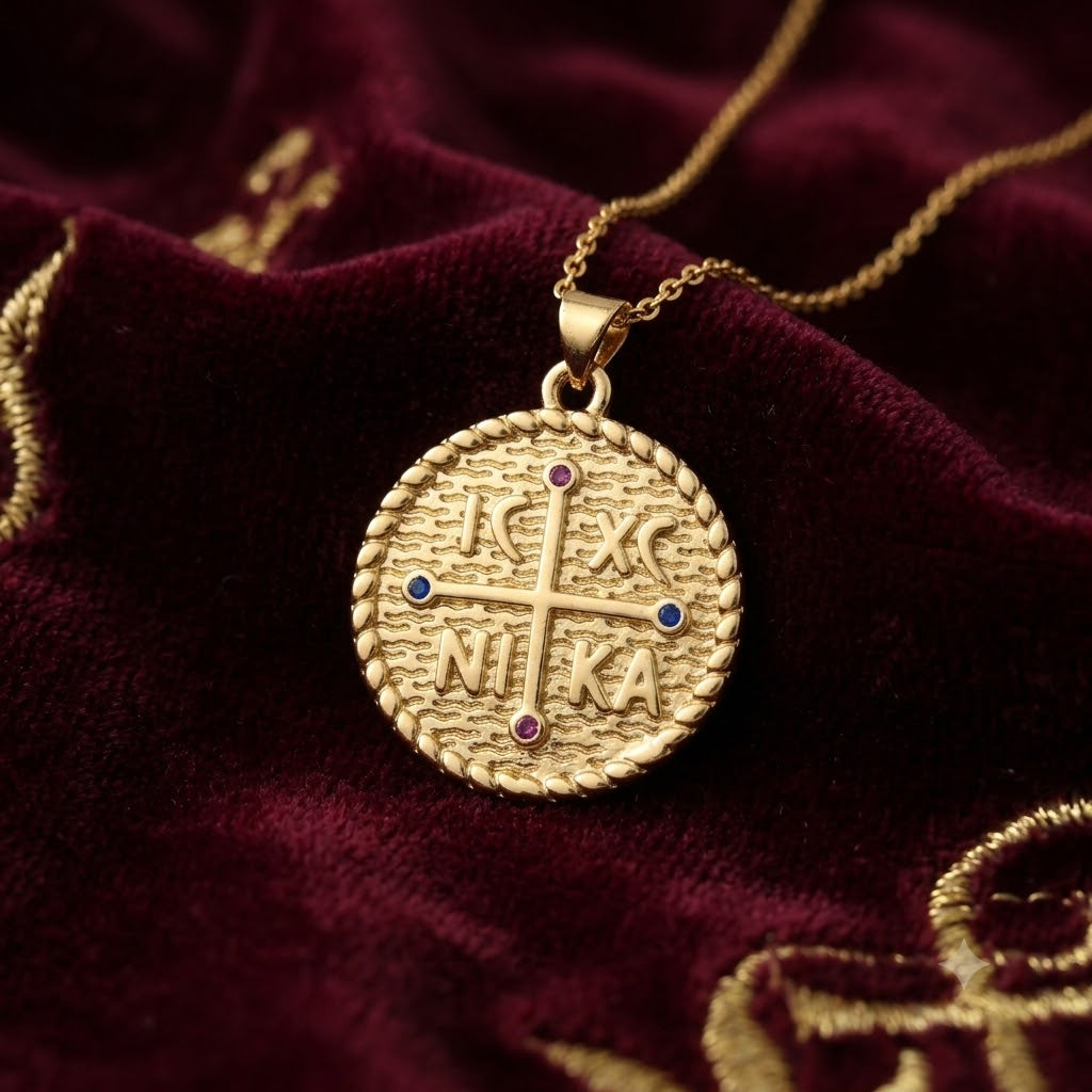 Byzantine Cross Medallion "IC XC NIKA" Gold Plated
