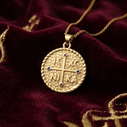 Byzantine Cross Medallion "IC XC NIKA" Gold Plated