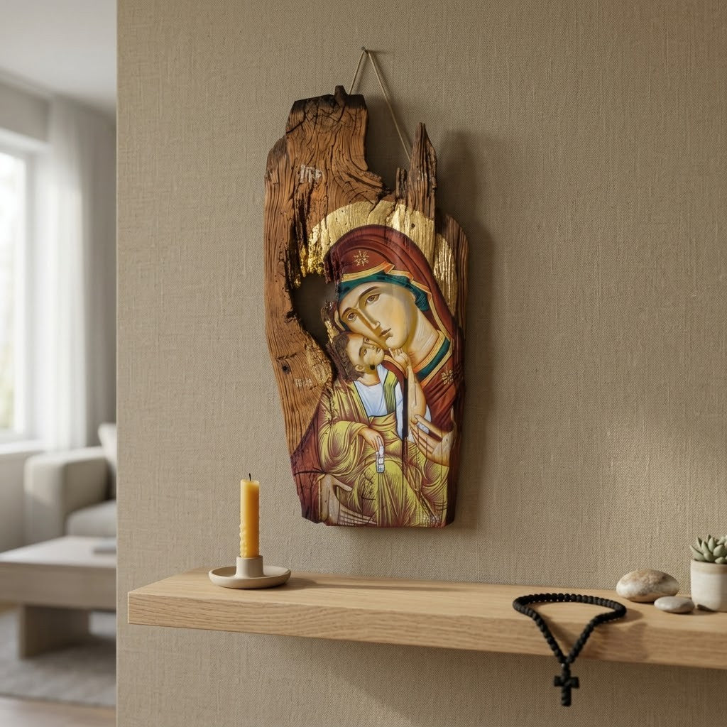 Icône de la Vierge Glykophilousa — Grand Format, Halo en Or 24 Carats