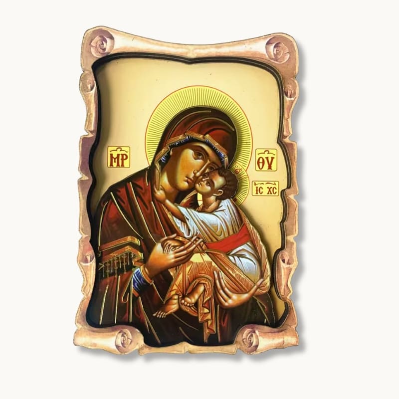 Icone orthodoxe de la Vierge Marie à l'enfant en bois sculpté