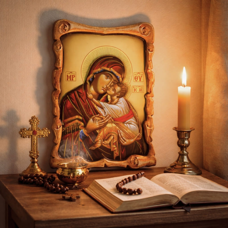 Icone orthodoxe en bois de la Vierge Marie et Jésus dans une chambre