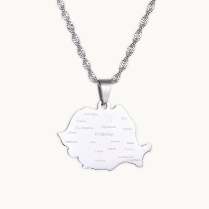 Pendentif carte de la Roumanie en finition argent, bijou élégant roumain