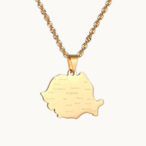 Pendentif carte de la Roumanie en couleur or jaune