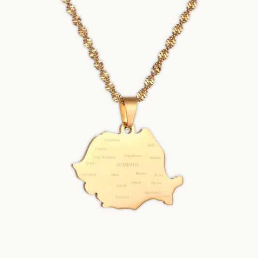Pendentif carte de la Roumanie en couleur or jaune