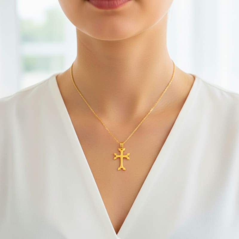 Pendentif croix arménienne en or porté par une femme