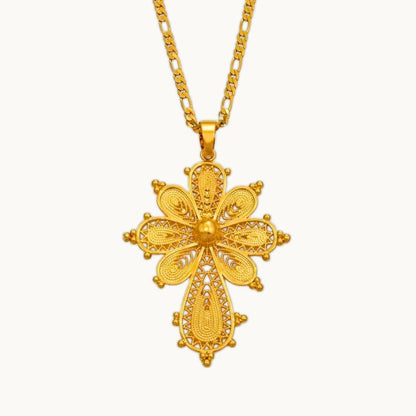 Pendentif Croix Éthiopienne Dorée Design Floral - Bijou Orthodoxe