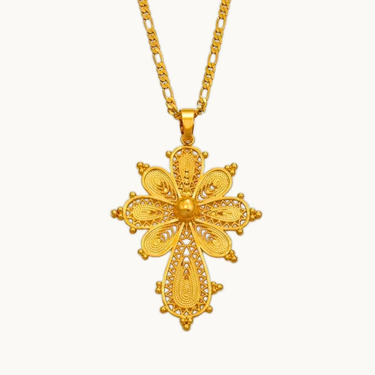 Pendentif Croix Éthiopienne Dorée Design Floral - Bijou Orthodoxe