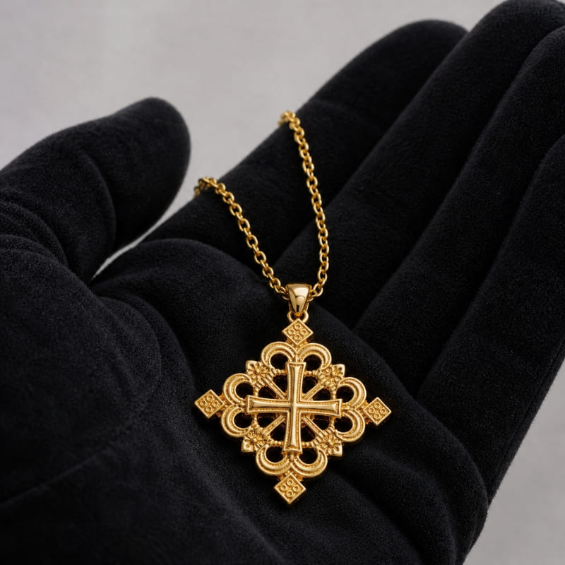 Pendentif Croix Éthiopienne en Finition Or
