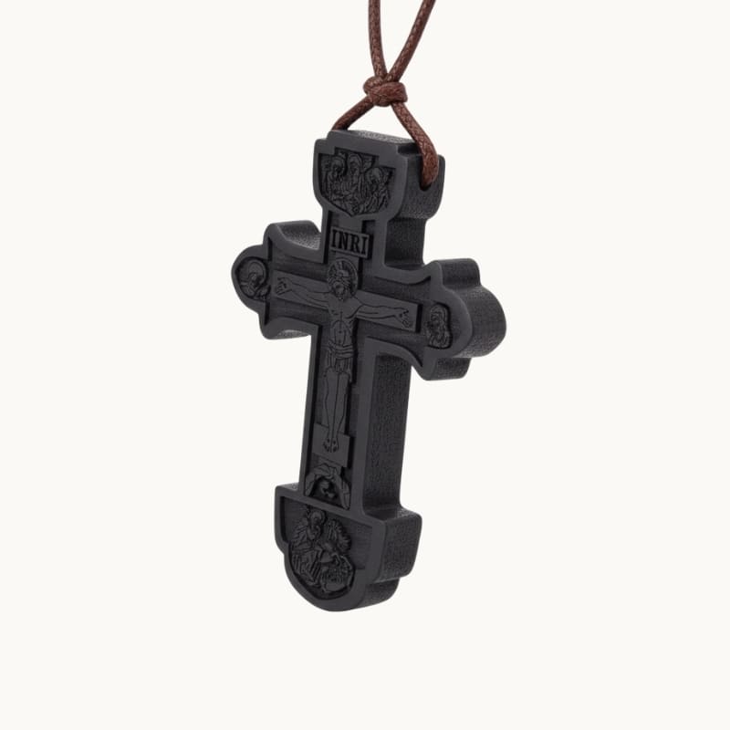 Collier croix orthodoxe en bois avec Jésus Christ 