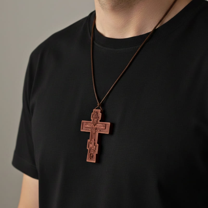 Collier croix orthodoxe marron en bois porté par un homme sur un t-shirt noir
