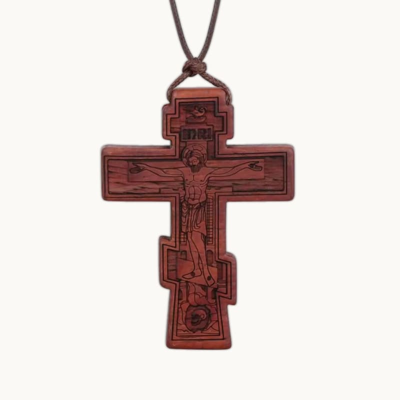 Pendentif croix orthodoxe marron avec gravure INRI
