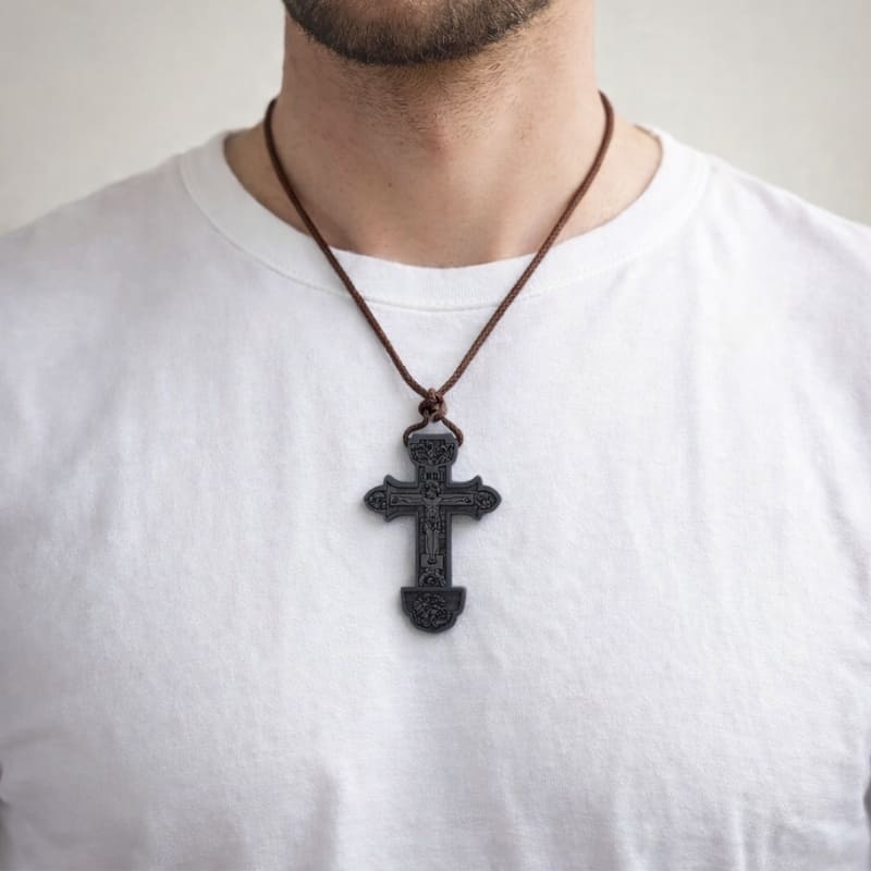 Collier croix orthodoxe en bois noir porté par un homme russe ou serbe