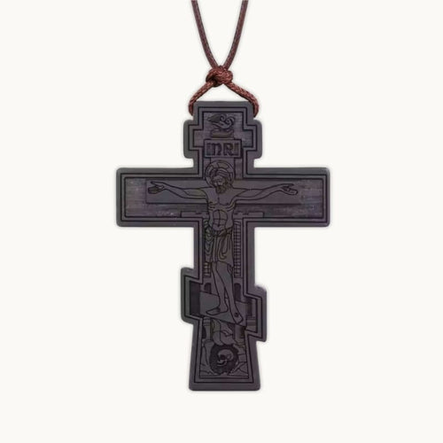 Pendentif croix orthodoxe en bois noir avec gravures INRI