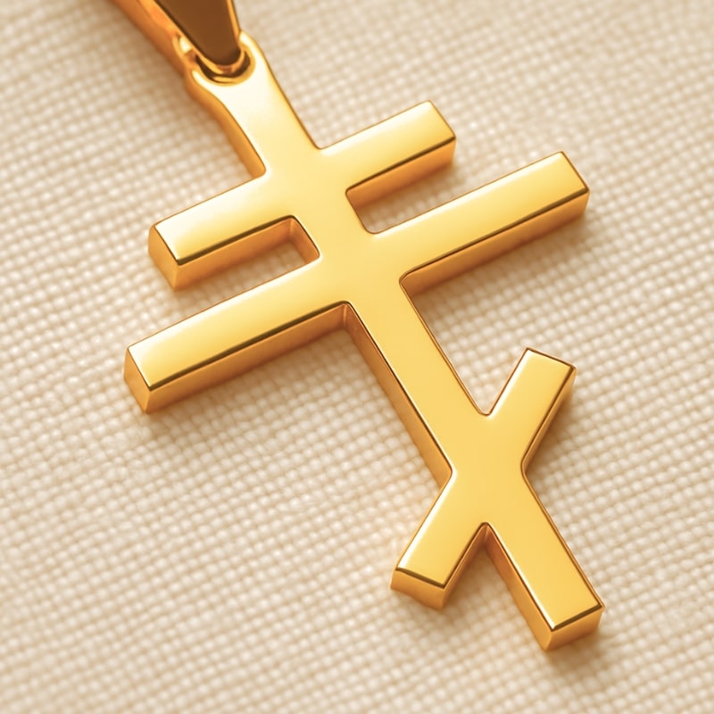 Gros plan sur un collier croix orthodoxe en acier inoxydable finition dorée
