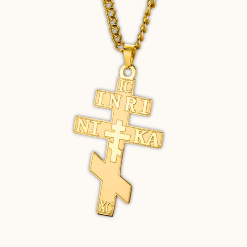 Croix orthodoxe russe pendentif doré mat inscriptions NIKA collier religieux