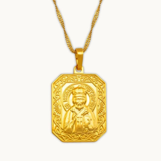 Pendentif Saint Nicolas doré - collier religieux orthodoxe homme femme