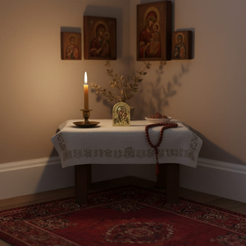 Icone orthodoxe Marie et Jésus en or sur un coin de prière à la maison