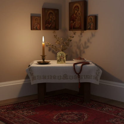 Icone orthodoxe Marie et Jésus en or sur un coin de prière à la maison