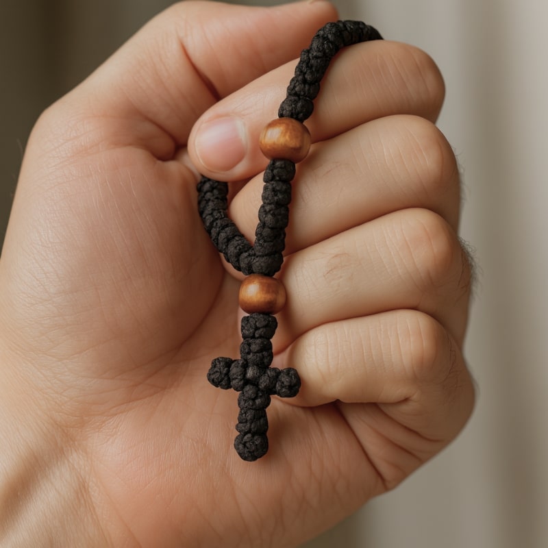 Tchotki orthodoxe noir tenu en main, 33 grains